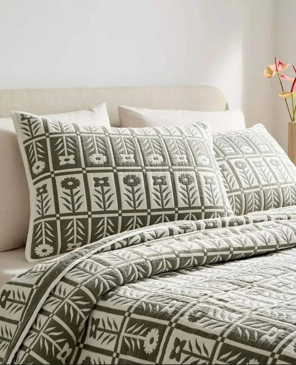 Quince Organic Cotton Jacquard Floral Sham Set 2 in Dried Sage STANDARD NEW
